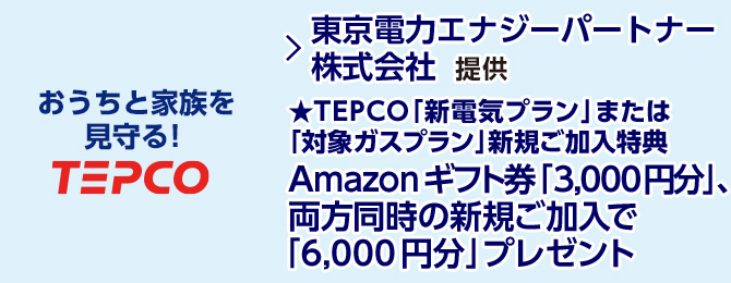 おうちと家族を見守る！TEPCO 東京電力エナジーパートナー株式会社 提供 TEPCO「新電気プラン」または「対象ガスプラン」新規ご加入特典 Amazonギフト券「3,000円分」、両方同時の新規ご加入で「6,000円分」プレゼント