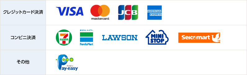 クレジットカード決済：VISA、mastercard、JCB、AMERICAN EXPRESS、コンビニ決済：セブンイレブン、FamilyMart、LAWSON、MINISTOP、Seicomart、その他：Pay-easy