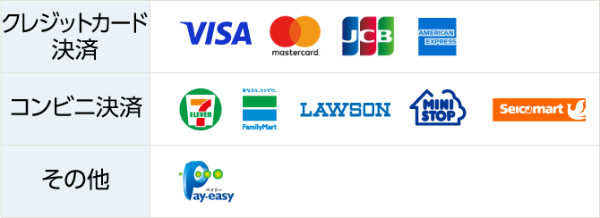 クレジットカード決済：VISA、mastercard、JCB、AMERICAN EXPRESS、コンビニ決済：セブンイレブン、FamilyMart、LAWSON、MINISTOP、Seicomart、その他：Pay-easy