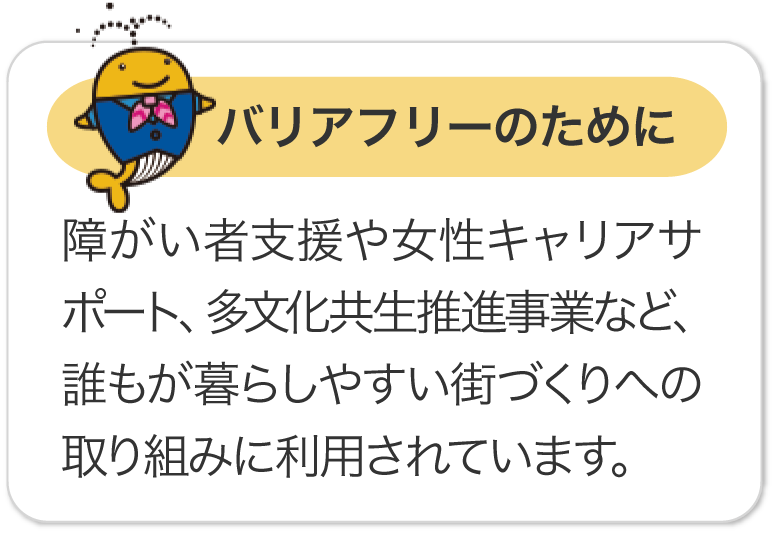 バリアフリーのために 障がい者支援や女性キャリアサポート、多文化共生推進事業など、誰もが暮らしやすい街づくりへの取り組みに利用されています。