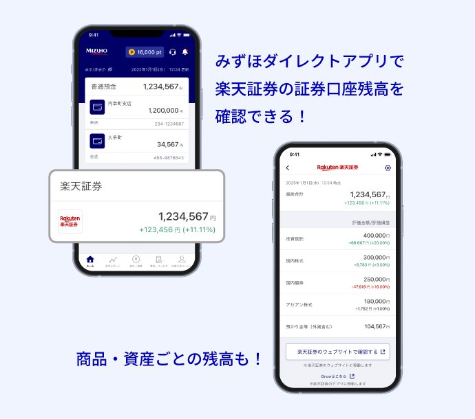みずほダイレクトアプリで楽天証券の証券口座残高を確認できる！ 商品・資産ごとの残高も！