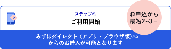 ステップ⑤ ご利用開始 お申込から最短2～3日 みずほダイレクト（アプリ・ブラウザ版）※2からのお借入が可能となります