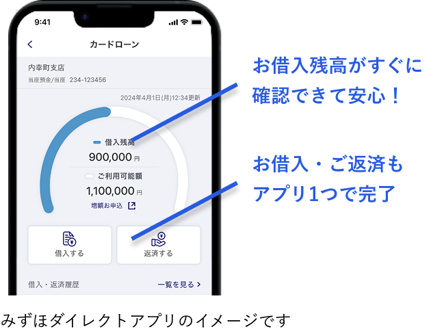 みずほダイレクト(アプリ・ブラウザ版)なら24時間・手数料なしでご利用いただけます お借入残高がすぐに確認できて安心!お借入・ご返済もアプリ1つで完了
