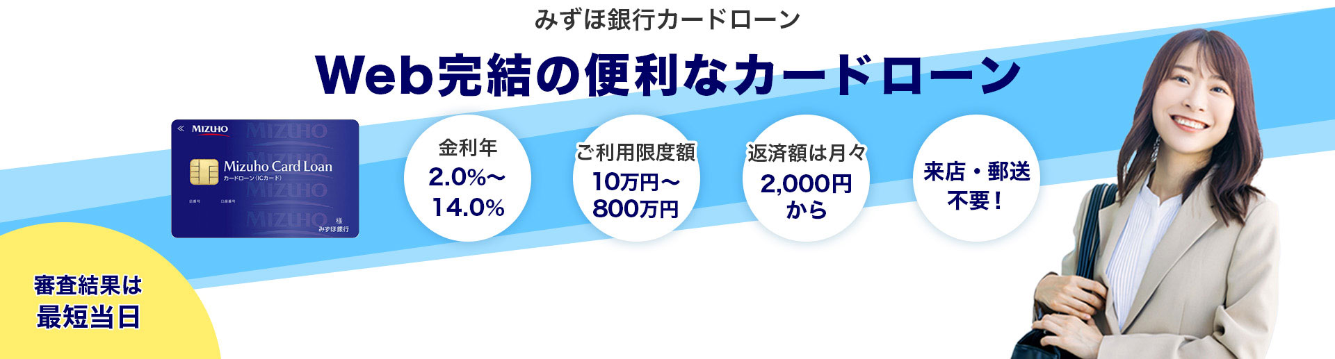 みずほ銀行カードローン 暮らしの自由に寄り添う 金利年2.0％～14.0％ 24時間 WEB完結、ATM時間外手数料0円、審査結果は最短当日