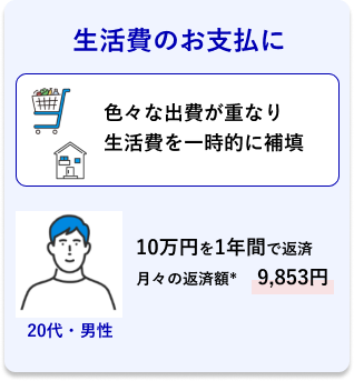 20代・男性 生活費のお支払に 色々な出費が重なり生活費を一時的に補填 10万円を1年間で返済 月々の返済額* 9,853円