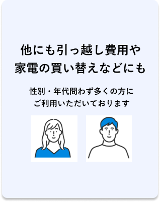 他にも引っ越し費用や 家電の買い替えなどにも 性別・年代問わず多くの方に ご利用いただいております