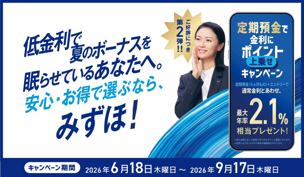 低金利で夏のボーナスを眠らせているあなたへ。安心・お得で選ぶなら、みずほ！ ご好評につき第2弾！！定期預金で金利にポイント上乗せキャンペーン 定期預金（6ヵ月もの）＋エントリーで通常金利とあわせ、最大年率2.1％相当プレゼント！ ※預入金額に応じ4段階でのみずほポイント進呈となります。※利息には20.315%源泉分離課税がかかります。キャンペーン期間 2026年6月18日 木曜日～2026年9月17日 木曜日