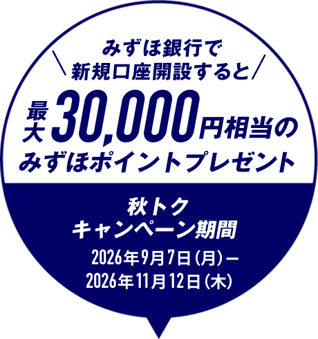 みずほ銀行で新規口座開設すると最大30,000円相当のみずほポイントプレゼント 秋トクキャンペーン期間2026年9月7日 月曜日〜2026年11月12日 木曜日