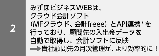 みずほビジネスWEBは、クラウド会計ソフト（MFクラウド、会計freee）とAPI連携*を行っており、顧問先の入出金データを自動で取得し、会計ソフトに反映 貴社顧問先の月次管理が、より効率的に！