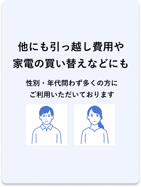 他にも引っ越し費用や 家電の買い替えなどにも 性別・年代問わず多くの方に ご利用いただいております