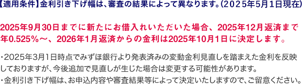 【適用条件】金利引き下げ幅は、審査の結果によって異なります。(2025年5月1日現在) 2025年9月30日までに新たにお借入れいただいた場合、2025年12月返済まで年0.525%~、2026年1月返済からの金利は2025年10月1日に決定します。 ・2025年3月1日時点でみずほ銀行より発表済みの変動金利見直しを踏まえた金利を反映しておりますが、今後追加で見直しが生じた場合は変更する可能性があります。 ・金利引き下げ幅は、お申込内容や審査結果等によって決定いたしますので、ご留意ください。