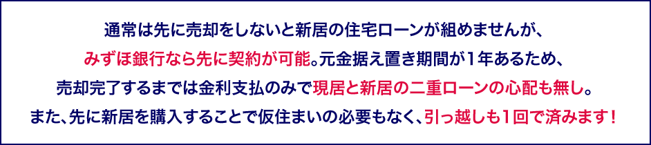 通常は先に売却をしないと新居の住宅ローンが組めませんが、みずほ銀行なら先に契約が可能。元金据え置き期間が1年あるため、売却完了するまでは金利支払のみで現居と新居の二重ローンの心配も無し。また、先に新居を購入することで仮住まいの必要もなく、引っ越しも1回で済みます!