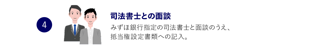 4 司法書士との面談 みずほ銀行指定の司法書士と面談のうえ、抵当権設定書類への記入。
