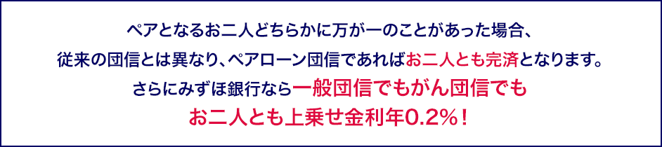 ペアとなるお二人どちらかに万が一のことがあった場合、従来の団信とは異なり、ペアローン団信であればお二人とも完済となります。さらにみずほ銀行なら一般団信でもがん団信でもお二人とも上乗せ金利年0.2%！