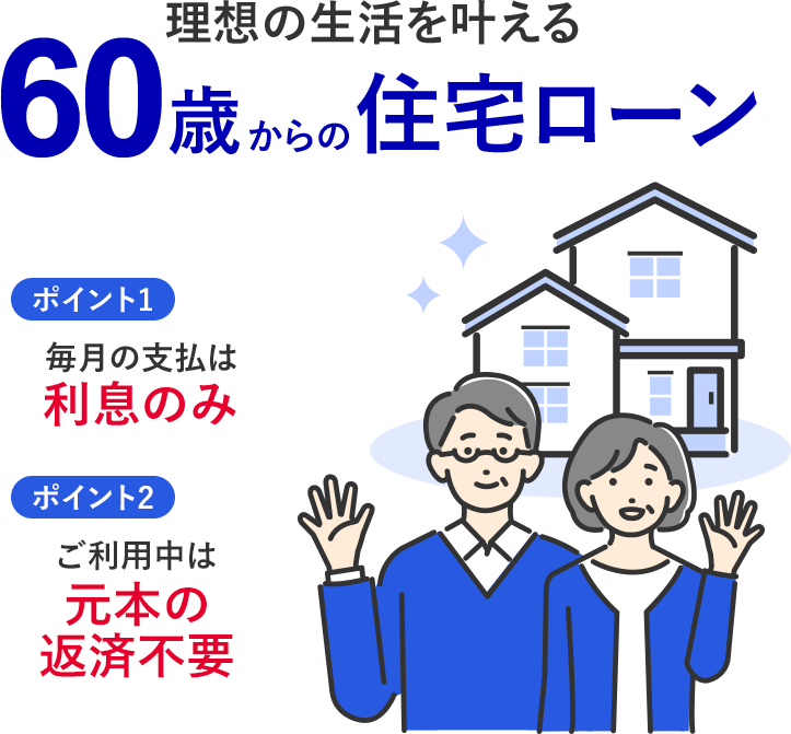 理想の生活を叶える 60歳からの住宅ローン ポイント1 毎月の支払は利息のみ ポイント2 ご利用中は元本の返済不要