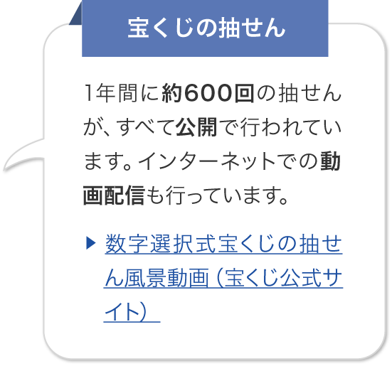 宝くじの抽せん 1年間に約600回の抽せんが、すべて公開で行われています。インターネットでの動画配信も行っています。