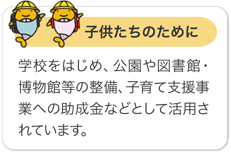 子供たちのために 学校をはじめ、公園や図書館・博物館等の整備、子育て支援事業への助成金などとして活用されています。