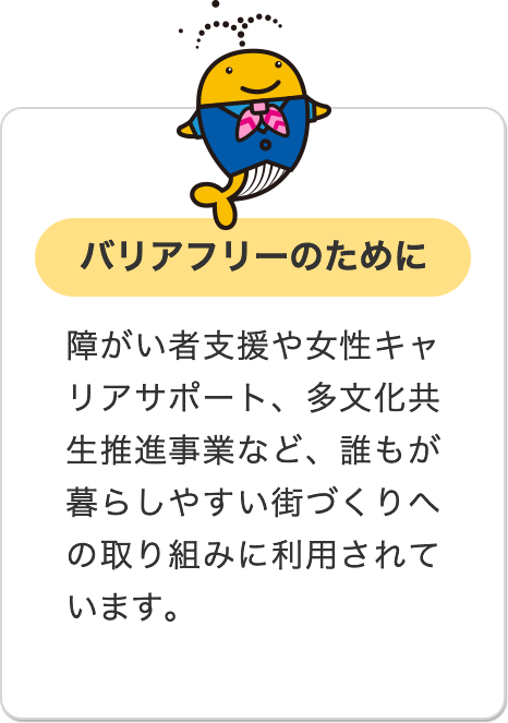 バリアフリーのために 障がい者支援や女性キャリアサポート、多文化共生推進事業など、誰もが暮らしやすい街づくりへの取り組みに利用されています。