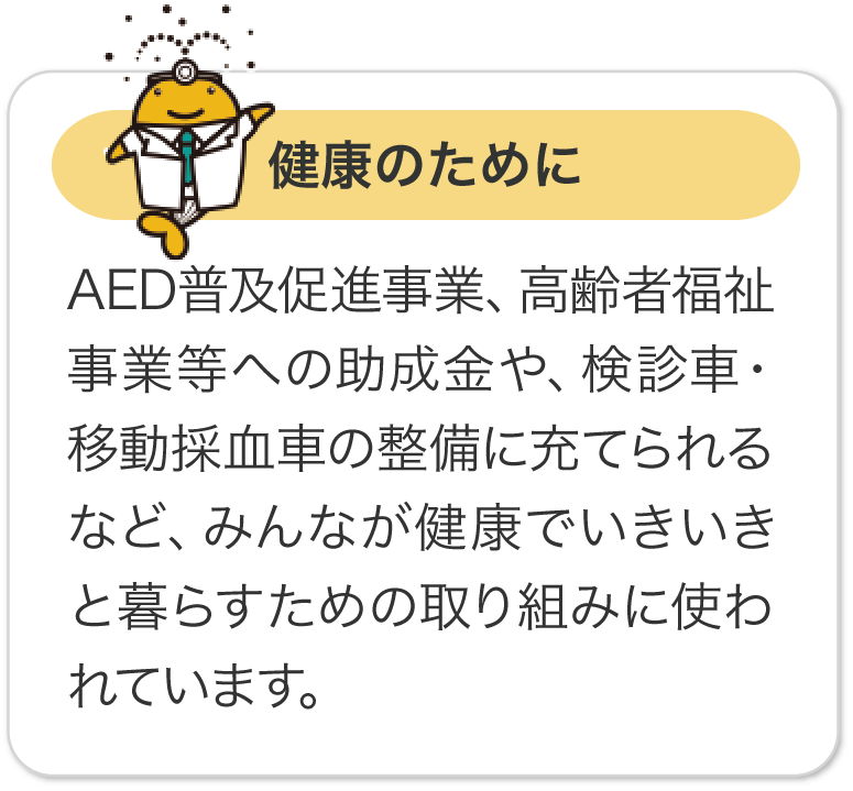 健康のために AED普及促進事業、高齢者福祉事業等への助成金や、検診車・移動採血車の整備に充てられるなど、みんなが健康でいきいきと暮らすための取り組みに使われています。