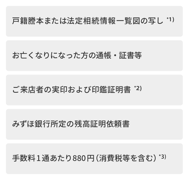 戸籍謄本または法定相続情報一覧図の写し*1、お亡くなりになった方の通帳・証書等、ご来店者の実印および印鑑証明書*2、みずほ銀行所定の残高証明依頼書、手数料1通あたり880円(消費税等を含む)