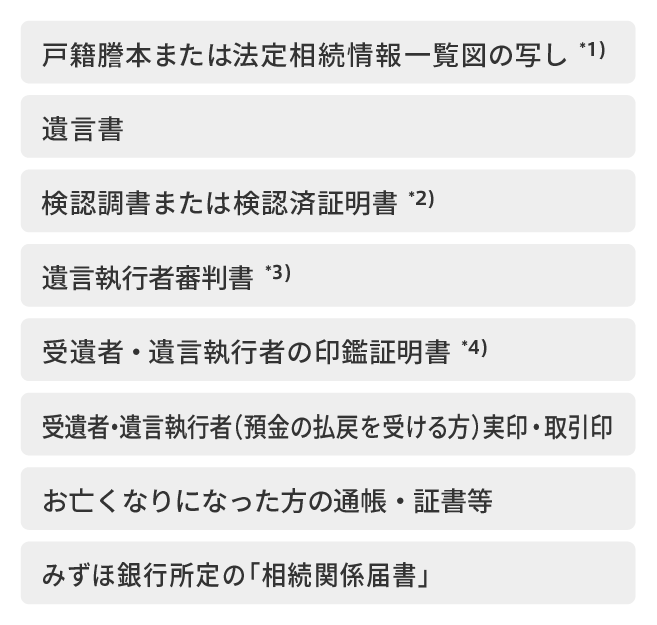 戸籍謄本または法定相続情報一覧図の写し*1、遺言書、検認調書または検認済み証明書*2、遺言執行者審判書*3、受遺者遺言執行者の印鑑証明書*4、受遺者・遺言執行者（預金の払戻を受ける方実印・取引印、お亡くなりになった方の通帳・証書等、みずほ銀行所定の「相続関係届書」