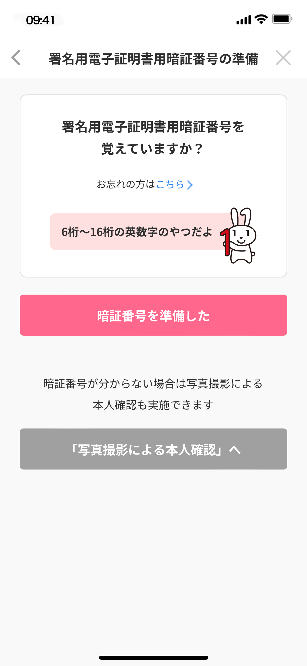 署名用電子証明書用暗証番号の準備 署名用電子証明書用暗証番号を覚えていますか？ 暗証番号を準備した 暗証番号が分からない場合は写真撮影による本人確認も実施できます 「写真撮影による本人確認」へ